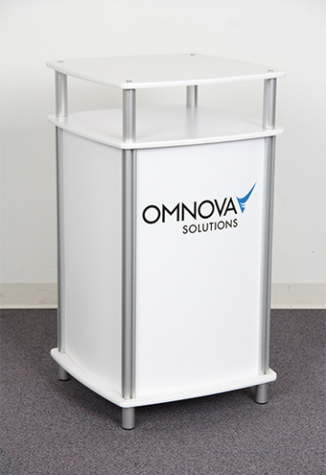 Square Trade Show Counter with White Shelves